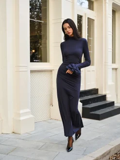 COMMENSE Elegant Ruffle Split Jersey Long Dress* Cocktail & Party Dresses|Long Dresses
