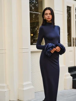 COMMENSE Elegant Ruffle Split Jersey Long Dress* Cocktail & Party Dresses|Long Dresses