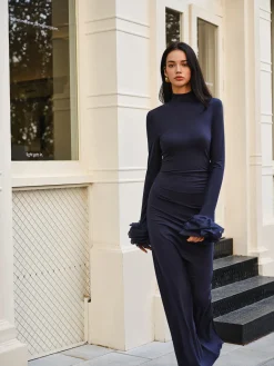 COMMENSE Elegant Ruffle Split Jersey Long Dress* Cocktail & Party Dresses|Long Dresses