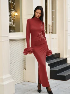 COMMENSE Elegant Ruffle Split Jersey Long Dress* Cocktail & Party Dresses|Long Dresses