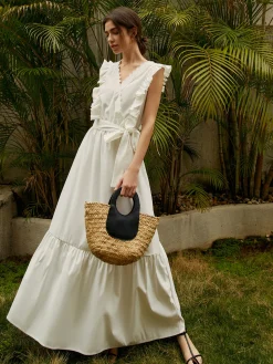 COMMENSE Elegant Ruffle Trim Belted Long Dress* White Dresses|Vacation Dresses