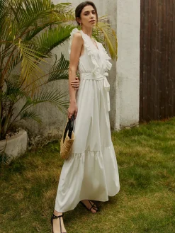 COMMENSE Elegant Ruffle Trim Belted Long Dress* White Dresses|Vacation Dresses