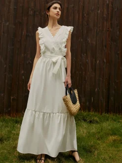 COMMENSE Elegant Ruffle Trim Belted Long Dress* White Dresses|Vacation Dresses