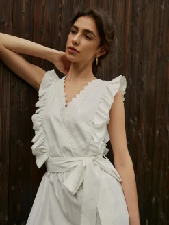 COMMENSE Elegant Ruffle Trim Belted Long Dress* White Dresses|Vacation Dresses