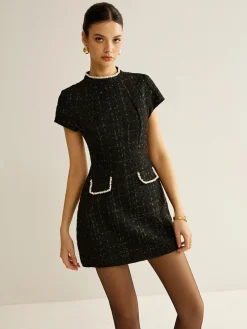 COMMENSE Elegant Short Sleeve Tweed Dress* Black Dresses|Casual Dresses