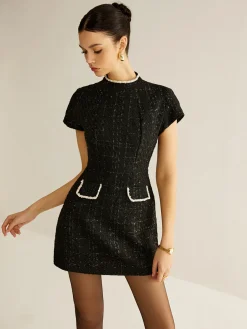 COMMENSE Elegant Short Sleeve Tweed Dress* Black Dresses|Casual Dresses