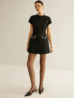 COMMENSE Elegant Short Sleeve Tweed Dress* Casual Dresses|Work Dresses
