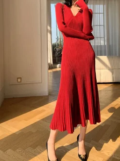 COMMENSE Elegant V-Neck Pleated Dress* Casual Dresses|Cocktail & Party Dresses