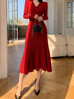 COMMENSE Elegant V-Neck Pleated Dress* Casual Dresses|Cocktail & Party Dresses