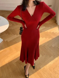 COMMENSE Elegant V-Neck Pleated Dress* Casual Dresses|Cocktail & Party Dresses