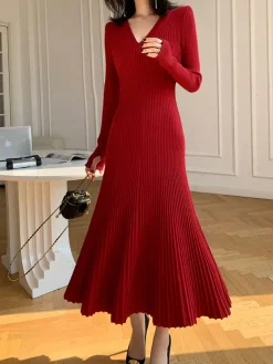 COMMENSE Elegant V-Neck Pleated Dress* Casual Dresses|Cocktail & Party Dresses