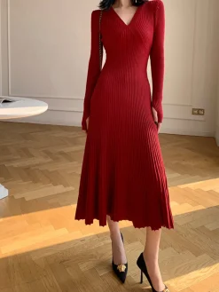 COMMENSE Elegant V-Neck Pleated Dress* Casual Dresses|Cocktail & Party Dresses