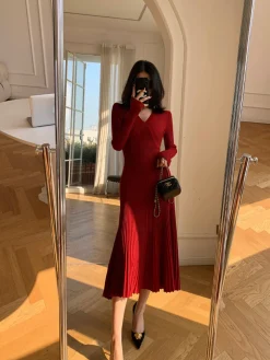 COMMENSE Elegant V-Neck Pleated Dress* Casual Dresses|Cocktail & Party Dresses