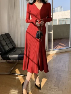 COMMENSE Elegant V-Neck Pleated Dress* Casual Dresses|Cocktail & Party Dresses
