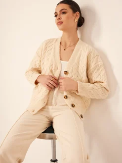 COMMENSE Elegant V-Neck Ribbed Cable Cardigan* Cardigans|Sweaters & Cardigans