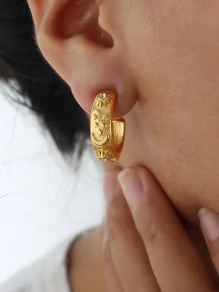 COMMENSE Embossed Pattern Zircon Hoop Earrings* Earrings|Accessories