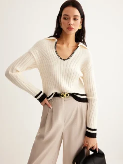 COMMENSE Embroidered Contrast Trim Cozy Sweater* Sweater Tops|Sweaters & Cardigans