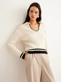 COMMENSE Embroidered Contrast Trim Cozy Sweater* Sweater Tops|Sweaters & Cardigans