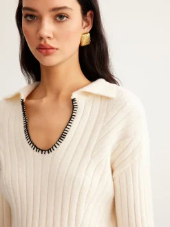 COMMENSE Embroidered Contrast Trim Cozy Sweater* Sweater Tops|Sweaters & Cardigans