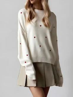 COMMENSE Embroidered Heart Oversized Knit Sweater* Sweater Tops|Sweaters & Cardigans
