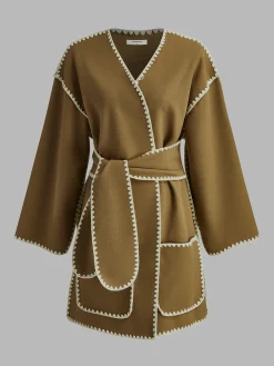 COMMENSE Embroidered Piping Wide Belted Coat* Outerwear|Coats
