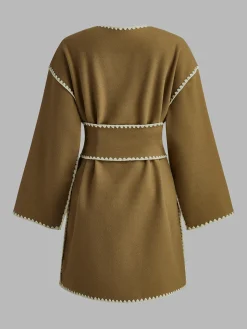COMMENSE Embroidered Piping Wide Belted Coat* Outerwear|Coats