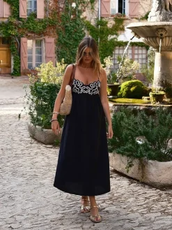 COMMENSE Embroidered Shirred Spaghetti Strap Long Dress* Black Dresses|Vacation Dresses