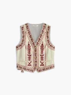 COMMENSE Embroide Sleeveless Belted Back Vest* Outerwear|Vests