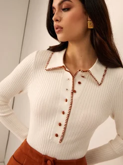 COMMENSE Embroidered Trim Button Lapel Knit Top* Sweater Tops|Sweaters & Cardigans