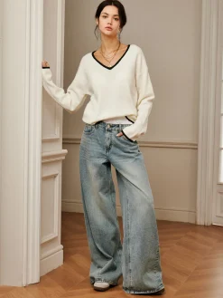 COMMENSE Embroidered Trim Draped Shoulder Knit Top* Sweater Tops|Sweaters & Cardigans