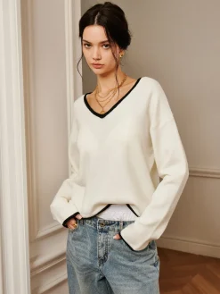 COMMENSE Embroidered Trim Draped Shoulder Knit Top* Sweater Tops|Sweaters & Cardigans