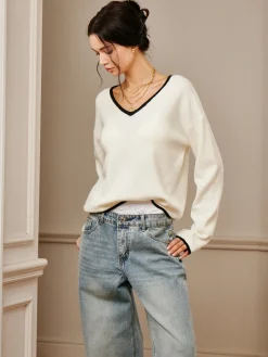 COMMENSE Embroidered Trim Draped Shoulder Knit Top* Sweater Tops|Sweaters & Cardigans