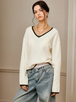 COMMENSE Embroidered Trim Draped Shoulder Knit Top* Sweater Tops|Sweaters & Cardigans