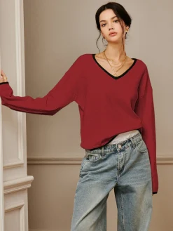 COMMENSE Embroidered Trim Draped Shoulder Knit Top* Sweater Tops|Sweaters & Cardigans
