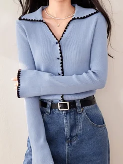 COMMENSE Embroidered Trim Lapel Cardigan* Cardigans|Sweaters & Cardigans