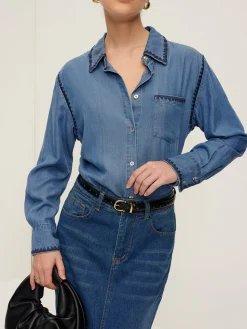 COMMENSE Embroidered Trim Lapel Denim Shirt* Blouses & Shirts|Denim