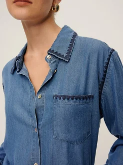 COMMENSE Embroidered Trim Lapel Denim Shirt* Blouses & Shirts|Denim