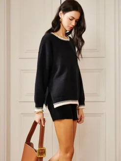 COMMENSE Embroidered Trim Loose Knit Top* Sweater Tops|Long Sleeve Sets