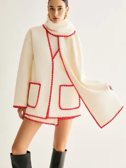 COMMENSE Embroidered Trim Tweed Coat With Scarf* Outerwear|Coats