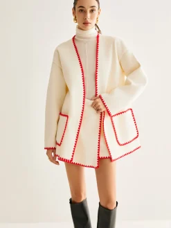 COMMENSE Embroidered Trim Tweed Coat With Scarf* Outerwear|Coats