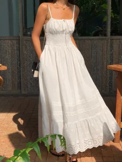 COMMENSE Embroidery Shift Shirred Long Dress* White Dresses|Casual Dresses