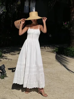 COMMENSE Embroidery Shift Shirred Long Dress* White Dresses|Casual Dresses
