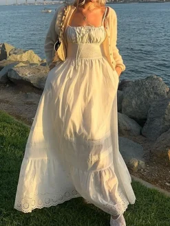 COMMENSE Embroidery Shift Shirred Long Dress* White Dresses|Casual Dresses