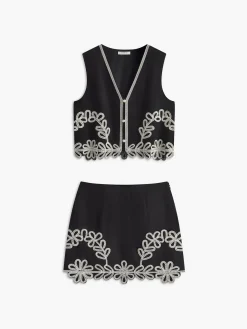 COMMENSE Embroidery Sleeveless Zipper Skirt Set* Skirt Sets|Long Sleeve Sets