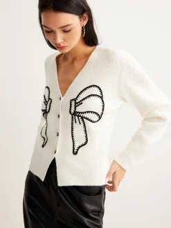 COMMENSE Embroidery-Bow Button Short Cardigan* Cardigans|Sweaters & Cardigans