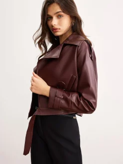 COMMENSE Faux Leather Belted Short Jacket* Outerwear|Jackets