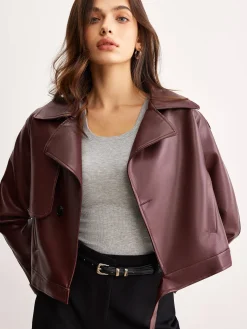 COMMENSE Faux Leather Belted Short Jacket* Outerwear|Jackets
