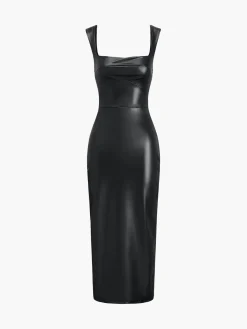 COMMENSE Faux Leather Bodycon Midi Dress* Black Dresses|Casual Dresses