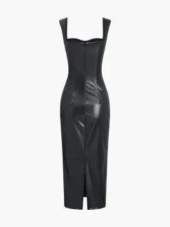 COMMENSE Faux Leather Bodycon Midi Dress* Black Dresses|Casual Dresses