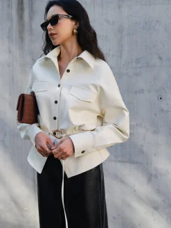 COMMENSE Faux Leather Button Polo Shirt Without Belt* Blouses & Shirts|Tops